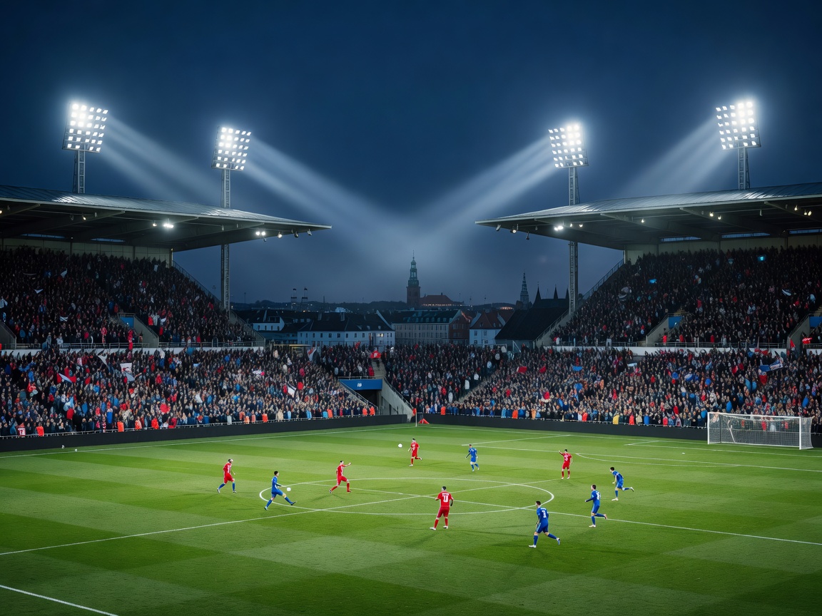 Football pitch and stands in Copenhagen under evening lights