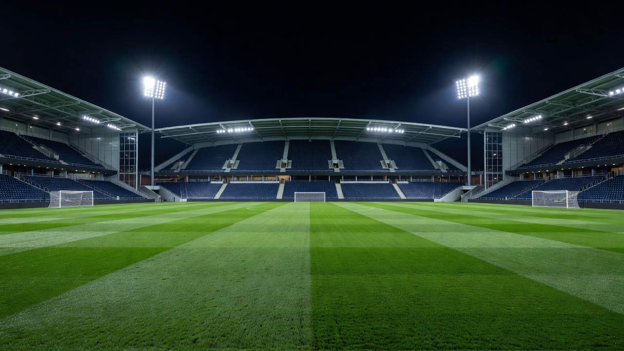 Football pitch facing a large Copenhagen grandstand beneath floodlights