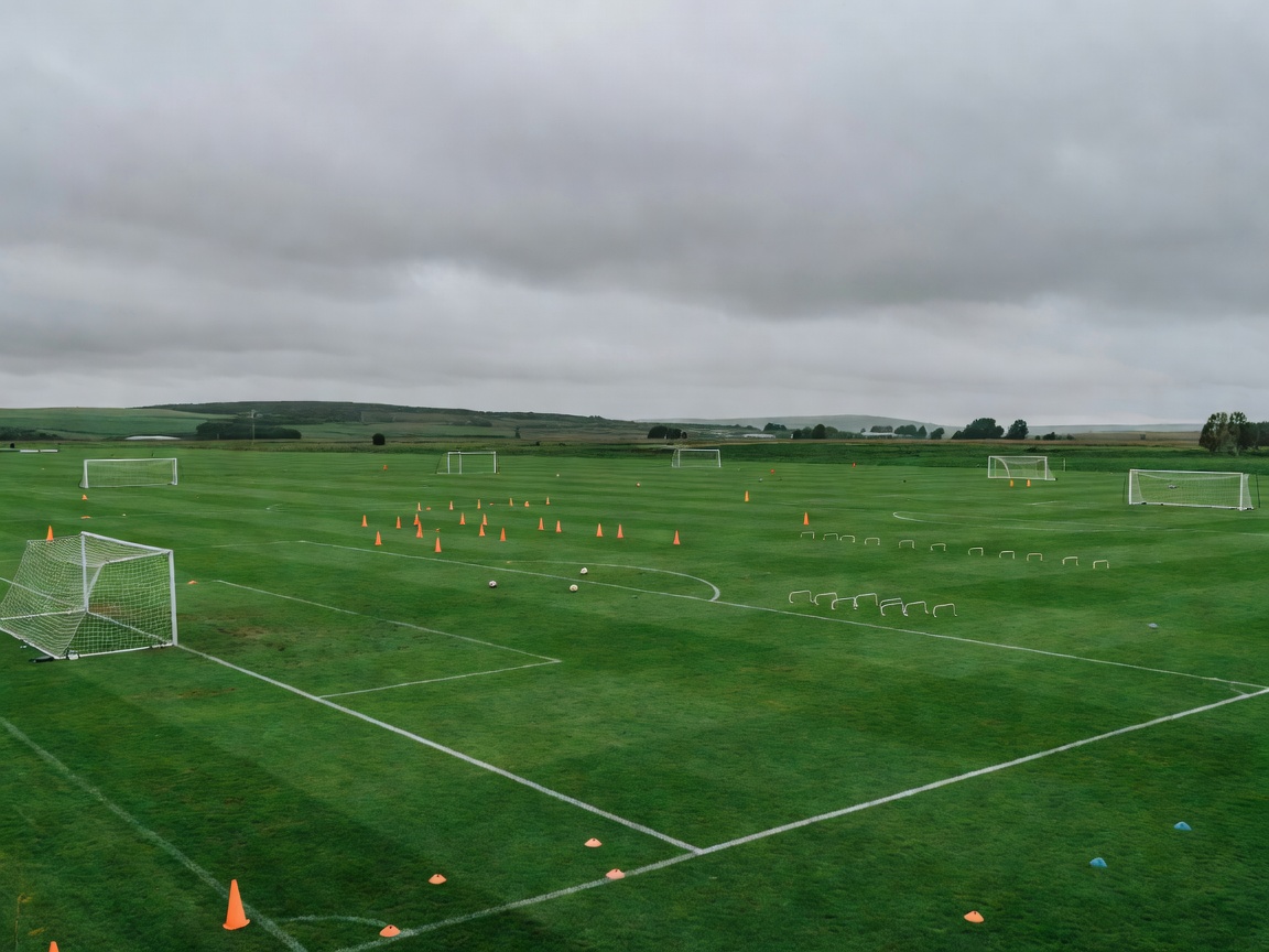 Football training pitches in central Jutland beneath an overcast sky
