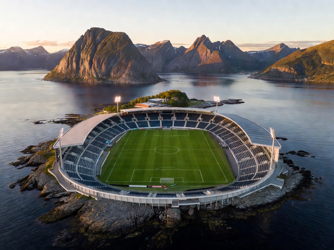 Coastal football stadium in Molde with mountains in the distance