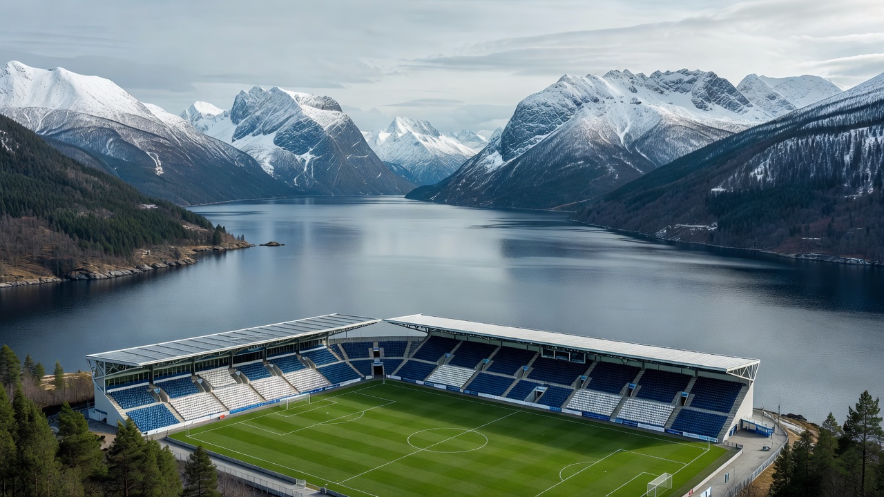 Football stadium in Molde beside a fjord with mountains beyond the stands