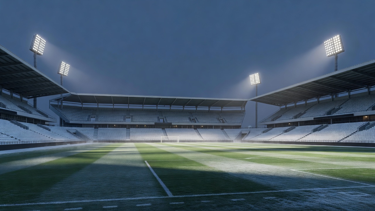 Empty Scandinavian football stadium beneath floodlights on a cold evening
