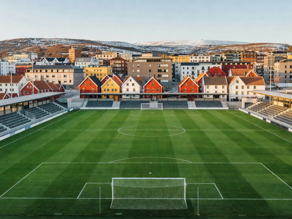 Football ground in Trondheim surrounded by a Nordic cityscape